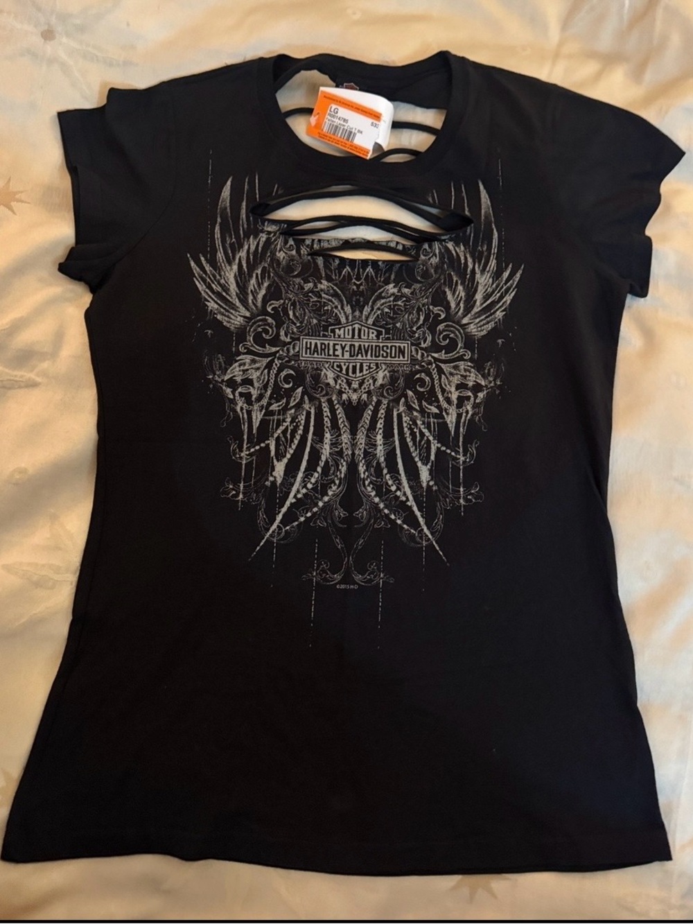 Harley-Davidson Black Short Sleeve Cutout Tee with Gray Wing Graphic